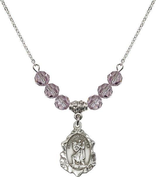 Sterling Silver Saint Christopher Birthstone Necklace with Light Amethyst Beads - 0822