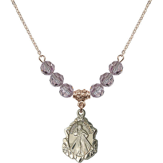 14kt Gold Filled Divine Mercy Birthstone Necklace with Light Amethyst Beads - 0822