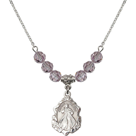 Sterling Silver Divine Mercy Birthstone Necklace with Light Amethyst Beads - 0822