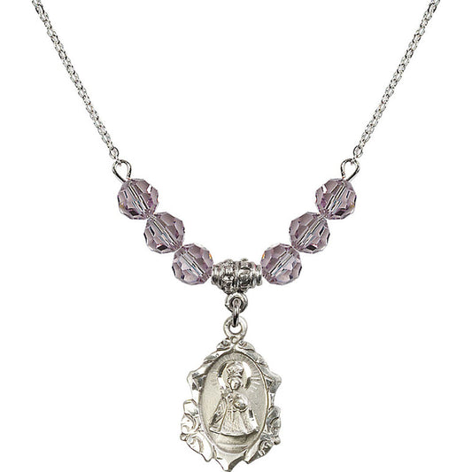 Sterling Silver Infant of Prague Birthstone Necklace with Light Amethyst Beads - 0822
