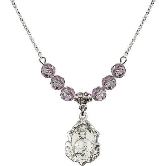 Sterling Silver Saint Jude Birthstone Necklace with Light Amethyst Beads - 0822