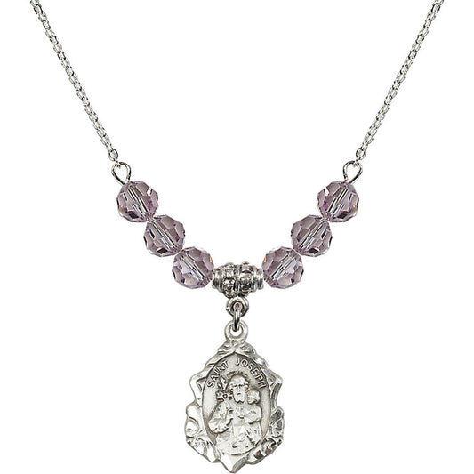 Sterling Silver Saint Joseph Birthstone Necklace with Light Amethyst Beads - 0822
