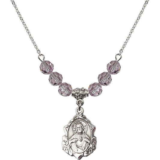 Sterling Silver Scapular Birthstone Necklace with Light Amethyst Beads - 0822