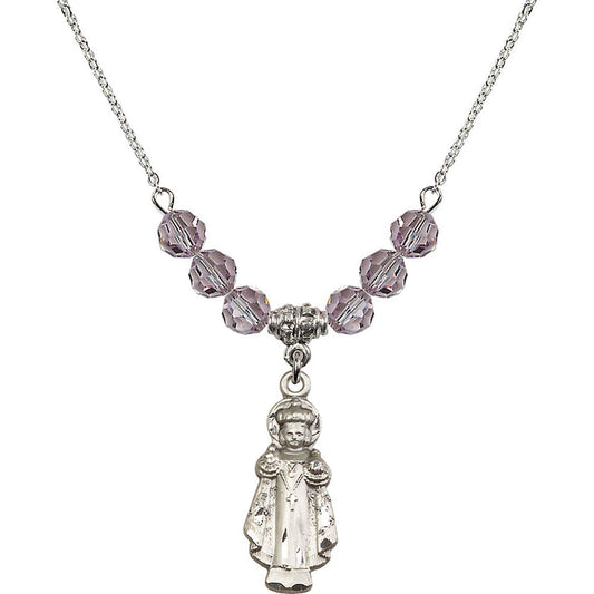 Sterling Silver Infant of Prague Birthstone Necklace with Light Amethyst Beads - 0824