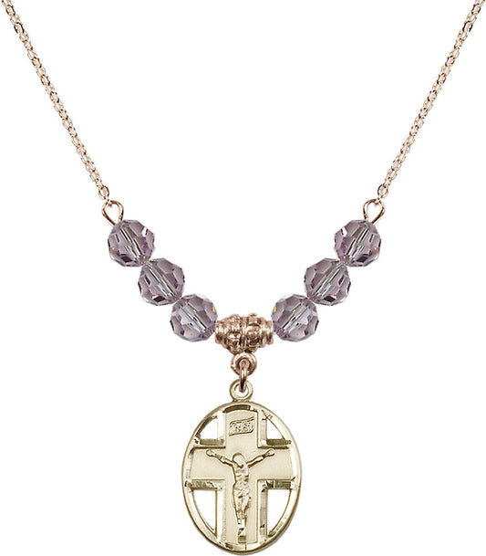 14kt Gold Filled Crucifix Birthstone Necklace with Light Amethyst Beads - 0878