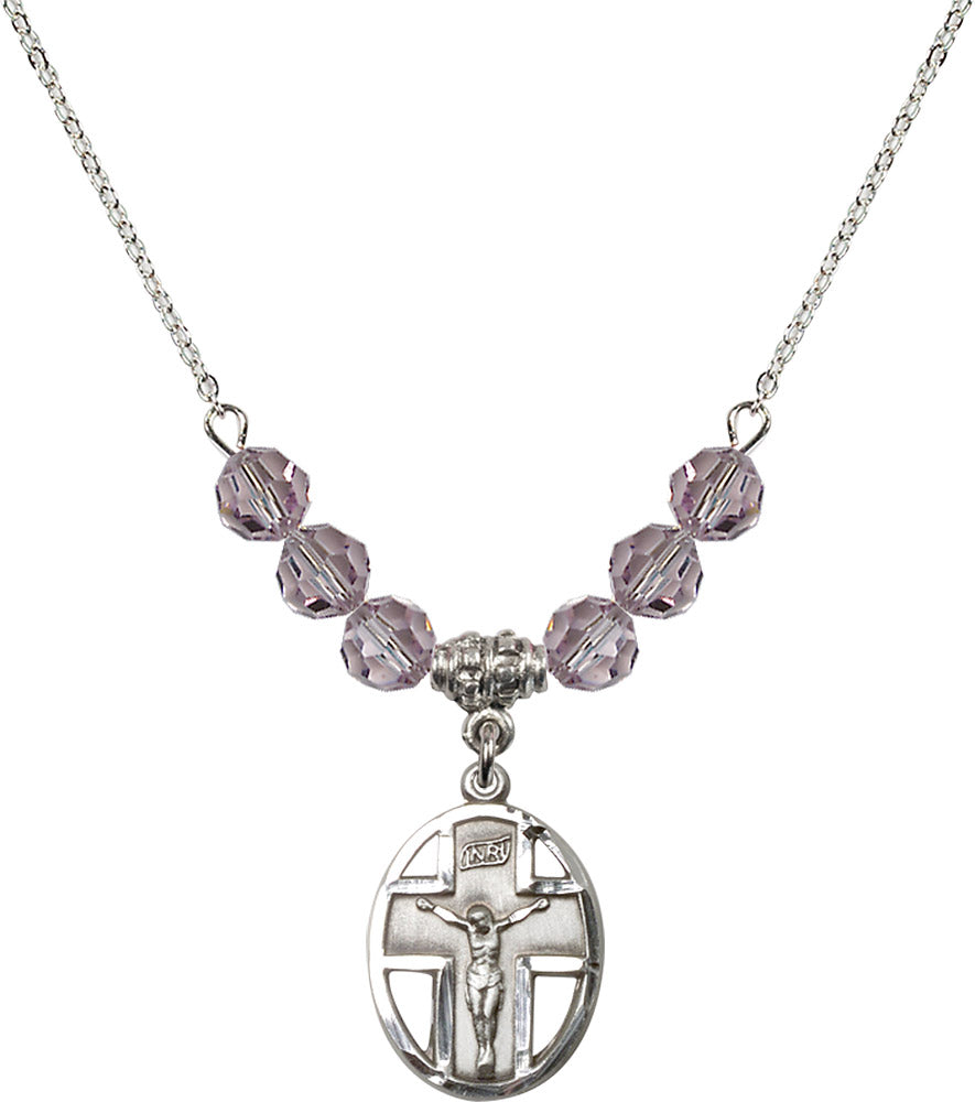 Sterling Silver Crucifix Birthstone Necklace with Light Amethyst Beads - 0878