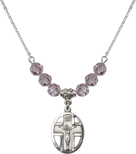 Sterling Silver Crucifix Birthstone Necklace with Light Amethyst Beads - 0878