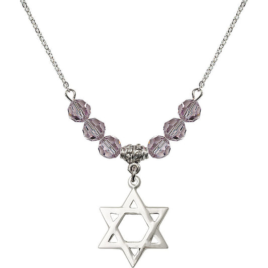 Sterling Silver Star of David Birthstone Necklace with Light Amethyst Beads - 1210