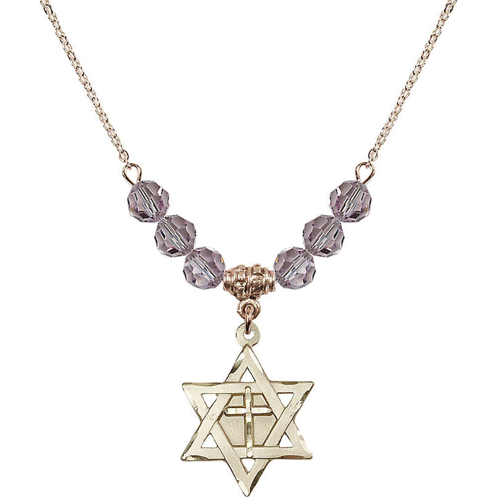 14kt Gold Filled Star of David w/ Cross Birthstone Necklace with Light Amethyst Beads - 1210