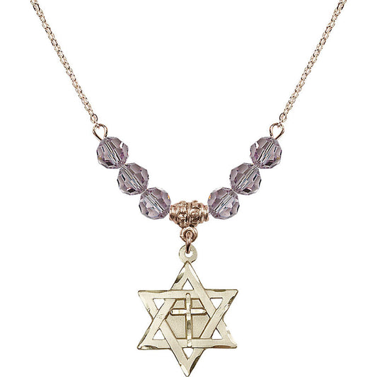 14kt Gold Filled Star of David w/ Cross Birthstone Necklace with Light Amethyst Beads - 1210