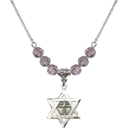 Sterling Silver Star of David w/ Cross Birthstone Necklace with Light Amethyst Beads - 1210