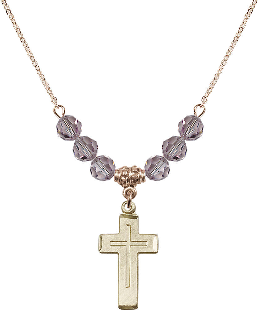 14kt Gold Filled Cross Birthstone Necklace with Light Amethyst Beads - 1529