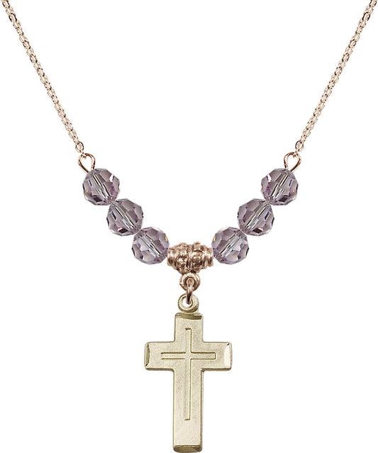 14kt Gold Filled Cross Birthstone Necklace with Light Amethyst Beads - 1529