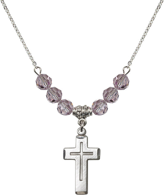 Sterling Silver Cross Birthstone Necklace with Light Amethyst Beads - 1529