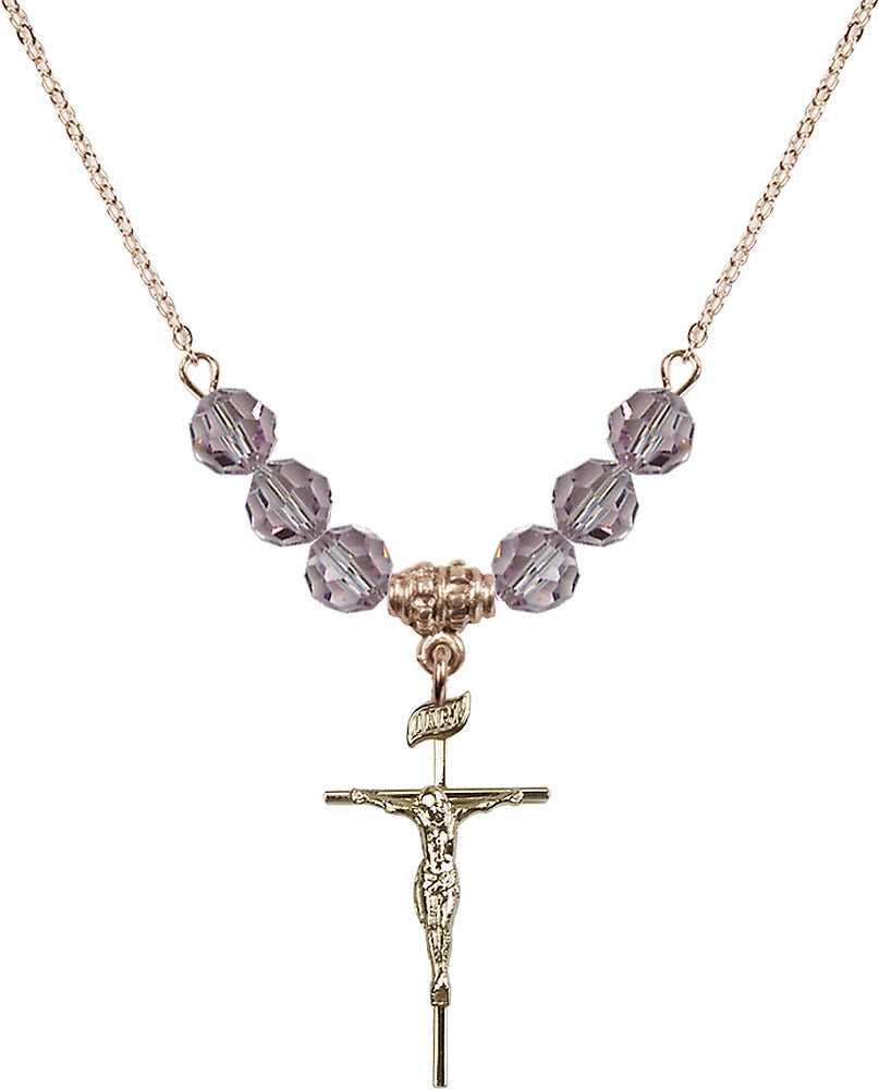 14kt Gold Filled Crucifix Birthstone Necklace with Light Amethyst Beads - 1535