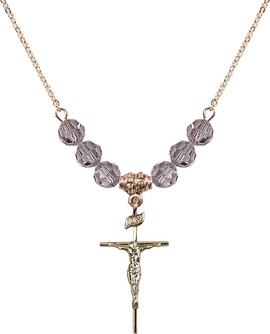 14kt Gold Filled Crucifix Birthstone Necklace with Light Amethyst Beads - 1535