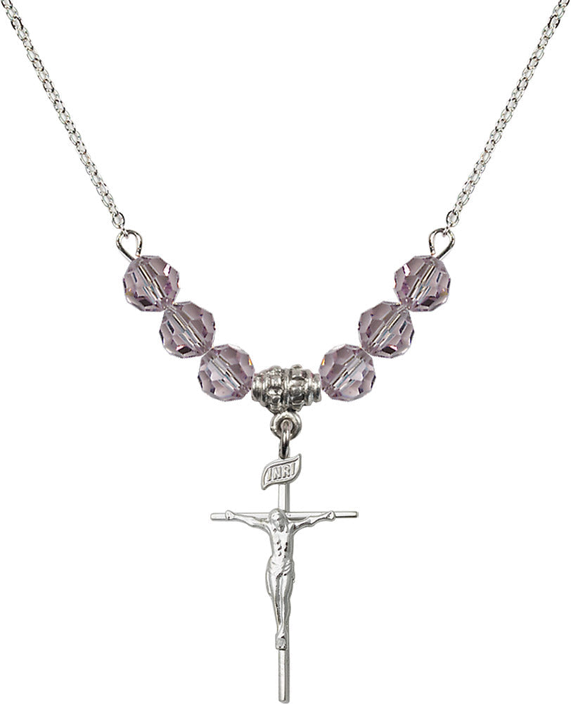Sterling Silver Crucifix Birthstone Necklace with Light Amethyst Beads - 1535