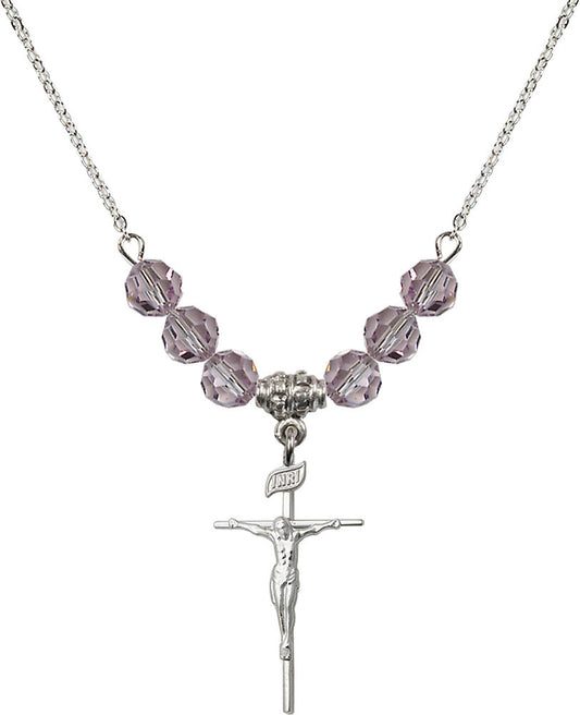 Sterling Silver Crucifix Birthstone Necklace with Light Amethyst Beads - 1535