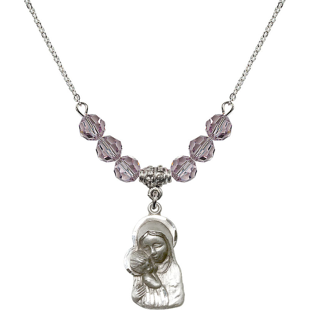 Sterling Silver Madonna & Child Birthstone Necklace with Light Amethyst Beads - 1612