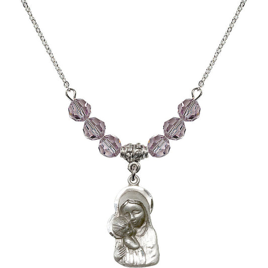Sterling Silver Madonna & Child Birthstone Necklace with Light Amethyst Beads - 1612