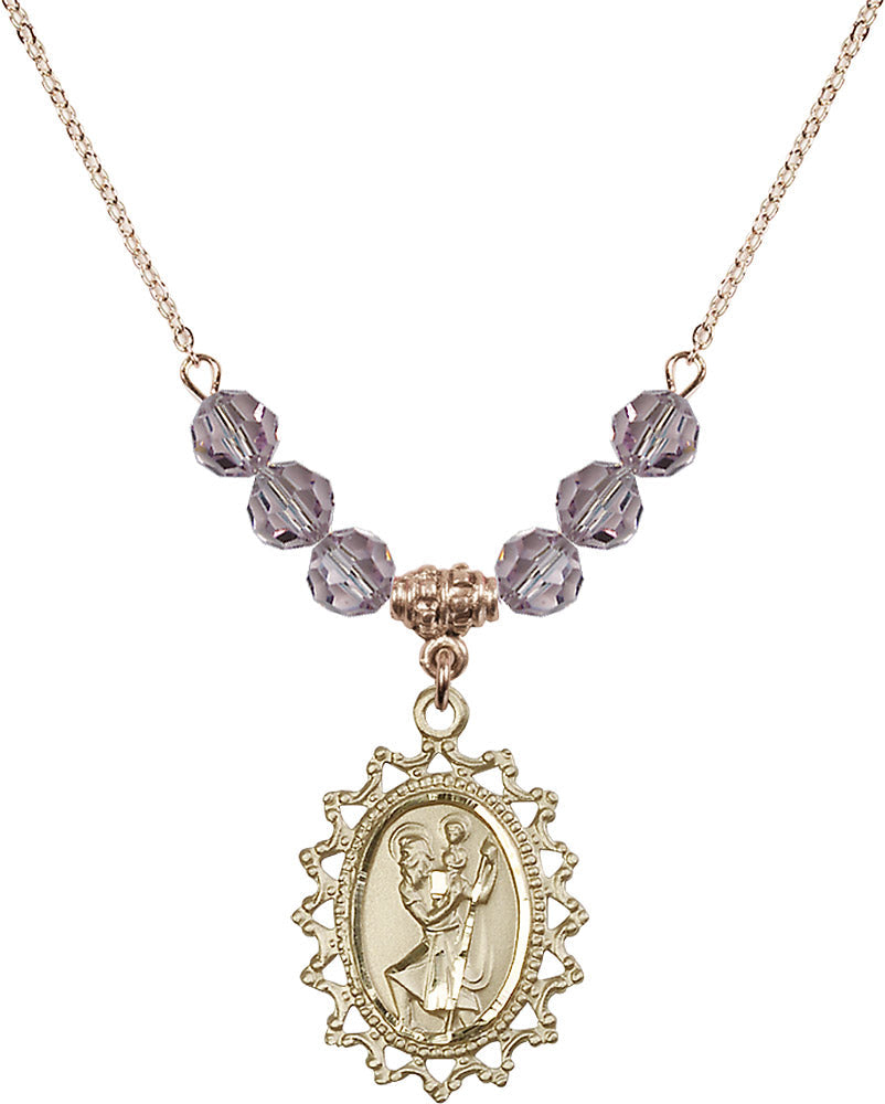 14kt Gold Filled Saint Christopher Birthstone Necklace with Light Amethyst Beads - 1619
