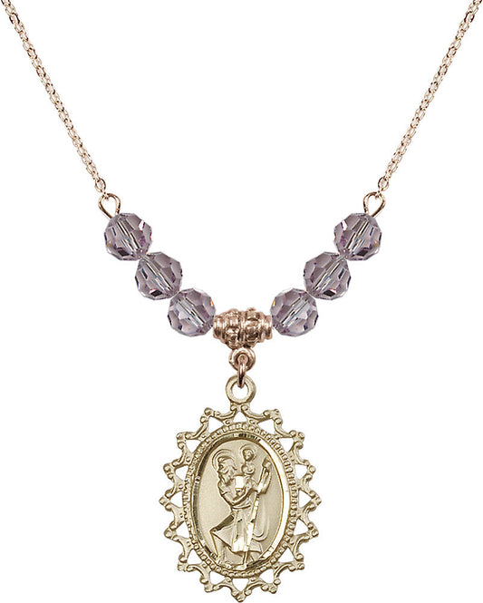14kt Gold Filled Saint Christopher Birthstone Necklace with Light Amethyst Beads - 1619