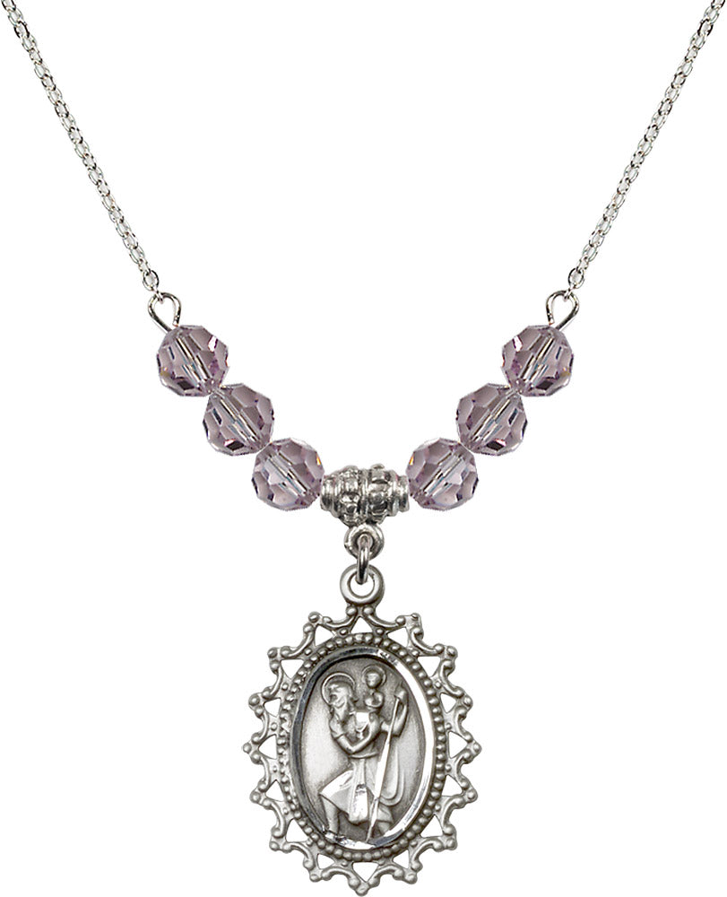Sterling Silver Saint Christopher Birthstone Necklace with Light Amethyst Beads - 1619