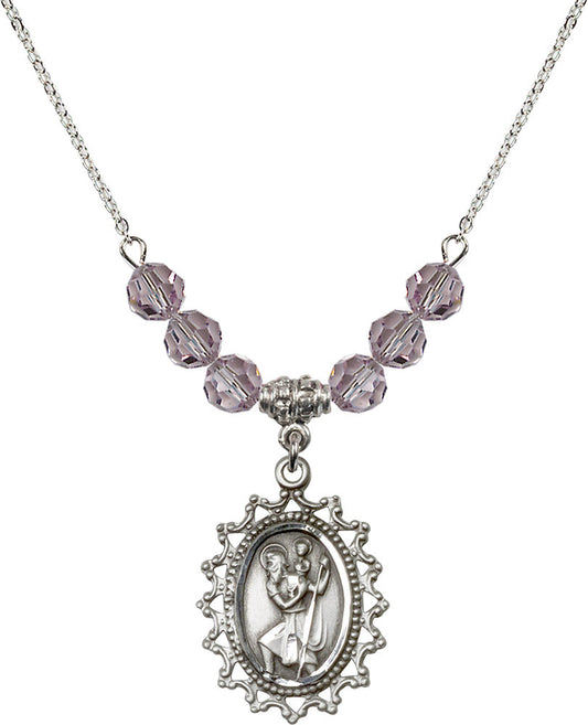 Sterling Silver Saint Christopher Birthstone Necklace with Light Amethyst Beads - 1619