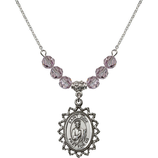 Sterling Silver Saint Jude Birthstone Necklace with Light Amethyst Beads - 1619