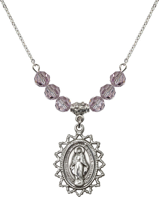 Sterling Silver Miraculous Birthstone Necklace with Light Amethyst Beads - 1619