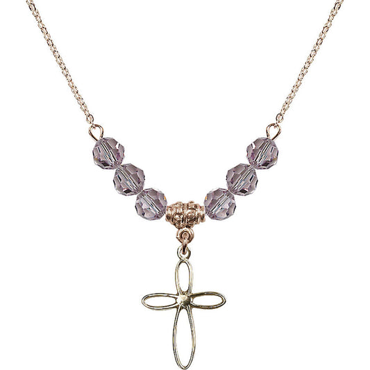 14kt Gold Filled Loop Cross Birthstone Necklace with Light Amethyst Beads - 1707