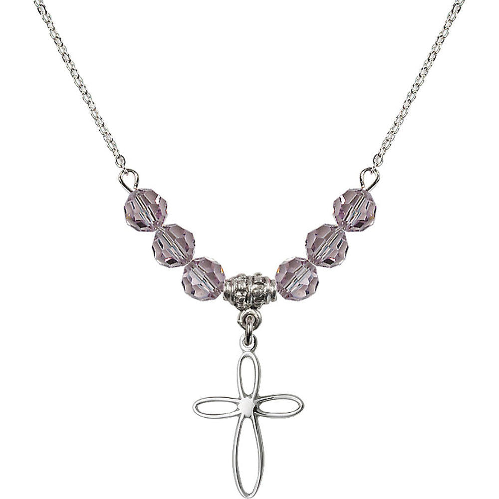 Sterling Silver Loop Cross Birthstone Necklace with Light Amethyst Beads - 1707
