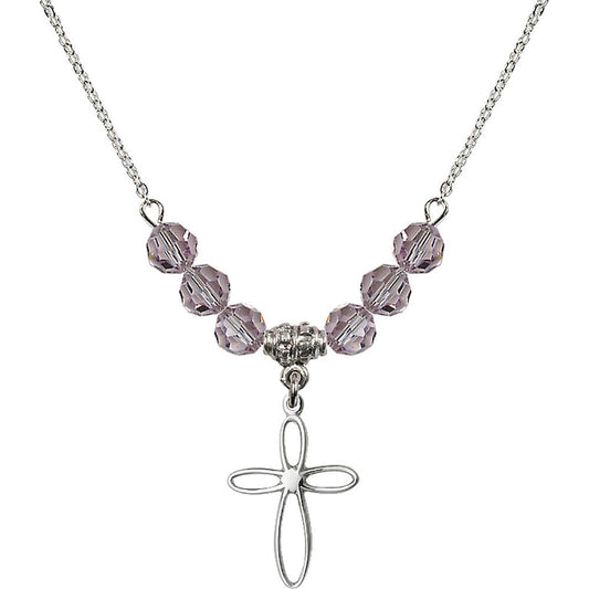 Sterling Silver Loop Cross Birthstone Necklace with Light Amethyst Beads - 1707