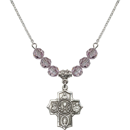 Sterling Silver Communion/5-Way Birthstone Necklace with Light Amethyst Beads - 2004