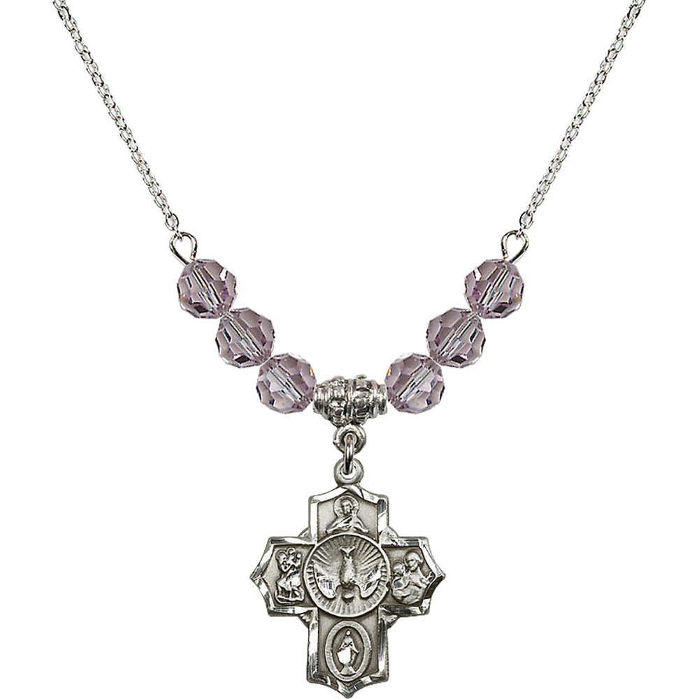 Sterling Silver 5-Way Birthstone Necklace with Light Amethyst Beads - 2090