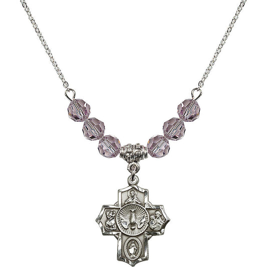 Sterling Silver 5-Way Birthstone Necklace with Light Amethyst Beads - 2090