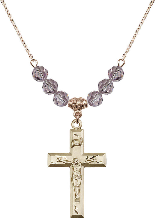 14kt Gold Filled Crucifix Birthstone Necklace with Light Amethyst Beads - 2186