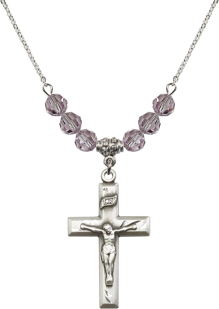 Sterling Silver Crucifix Birthstone Necklace with Light Amethyst Beads - 2186