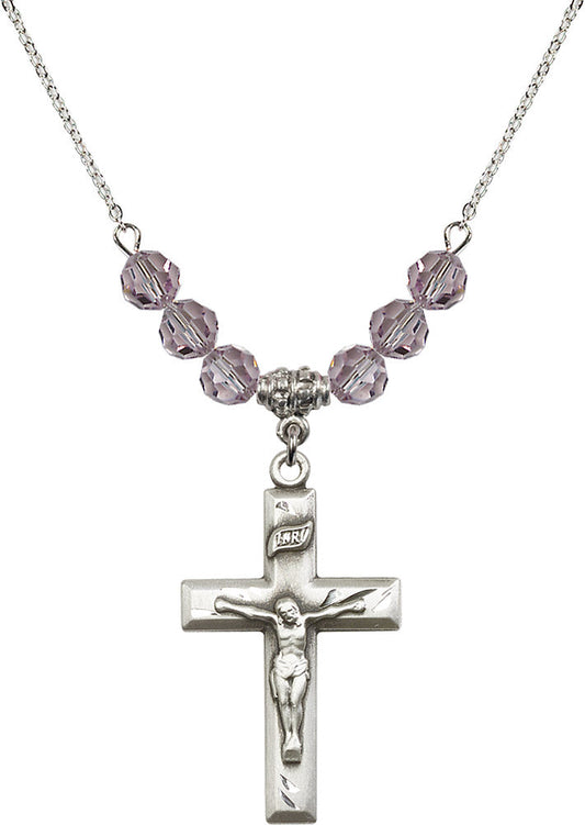 Sterling Silver Crucifix Birthstone Necklace with Light Amethyst Beads - 2186