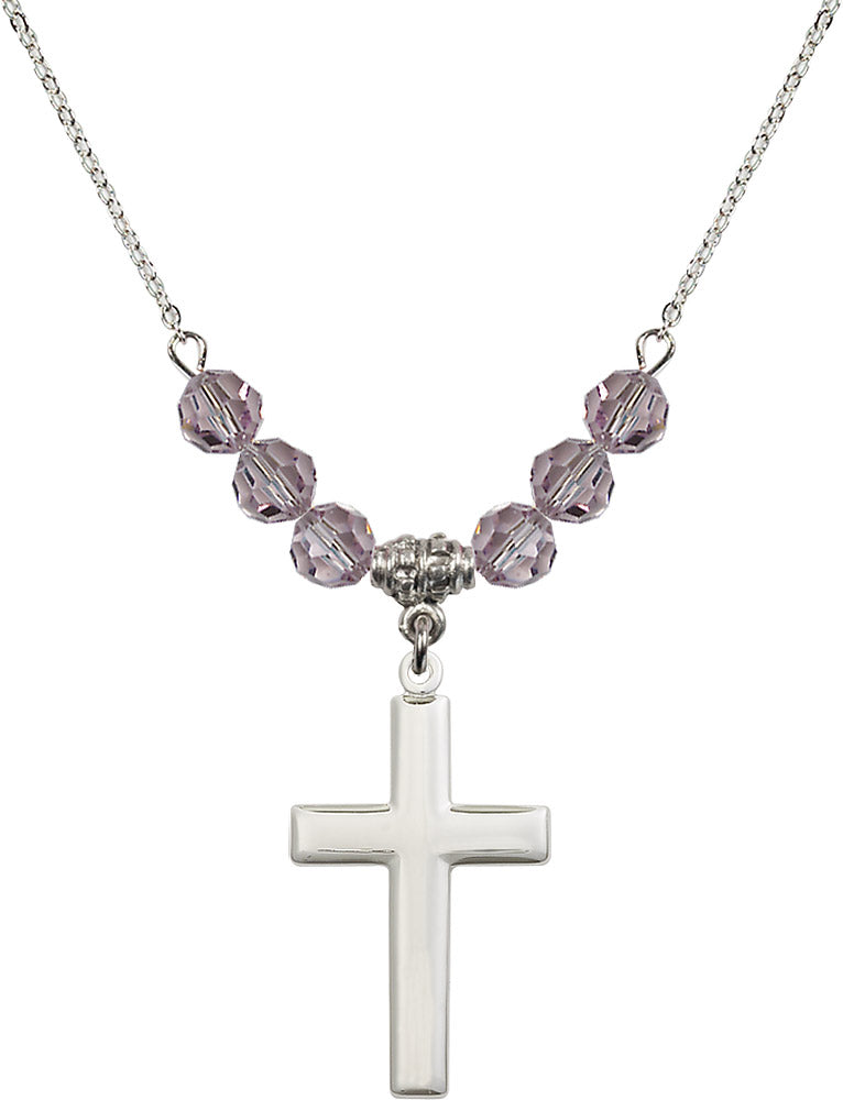 Sterling Silver Cross Birthstone Necklace with Light Amethyst Beads - 2190