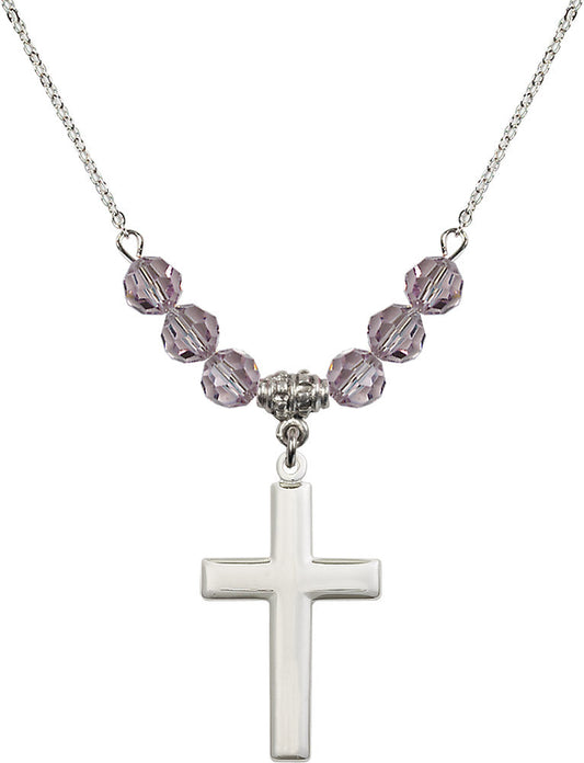 Sterling Silver Cross Birthstone Necklace with Light Amethyst Beads - 2190
