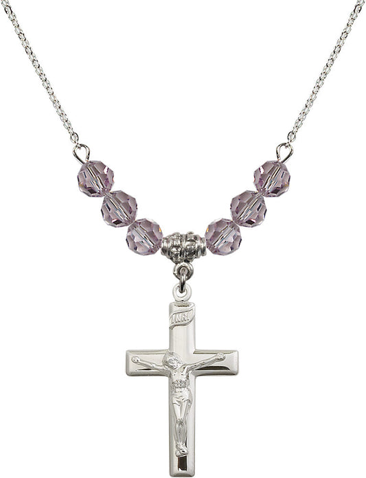 Sterling Silver Crucifix Birthstone Necklace with Light Amethyst Beads - 2191