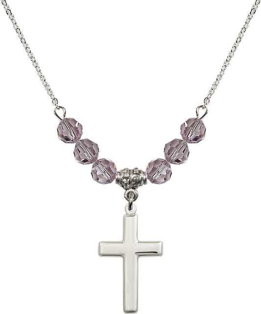 Sterling Silver Cross Birthstone Necklace with Light Amethyst Beads - 2195