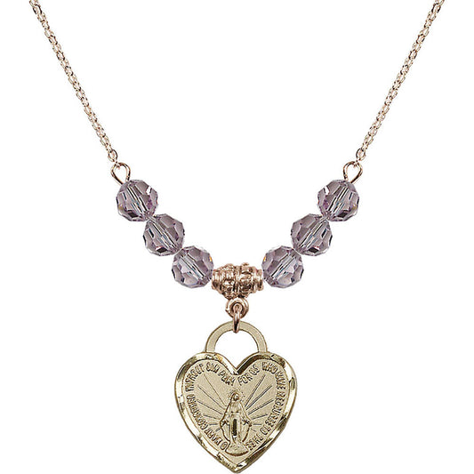 14kt Gold Filled Miraculous Heart Birthstone Necklace with Light Amethyst Beads - 3201