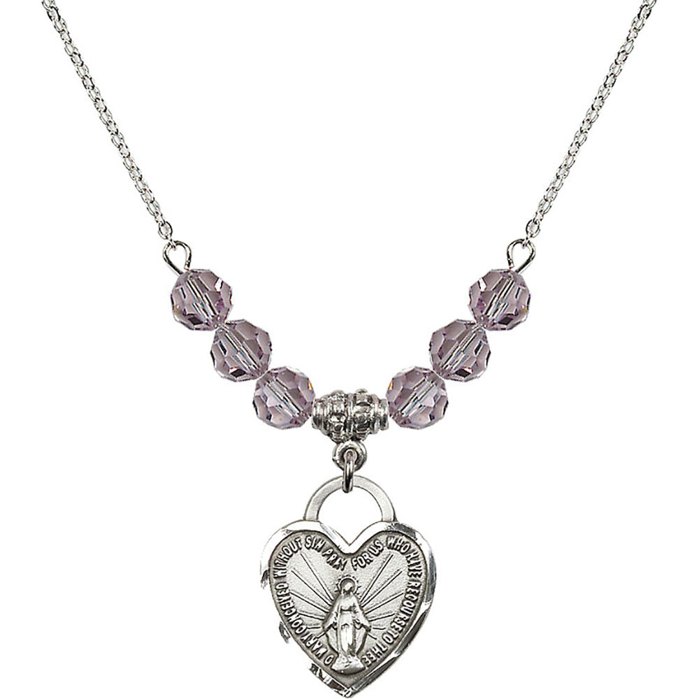 Sterling Silver Miraculous Heart Birthstone Necklace with Light Amethyst Beads - 3201