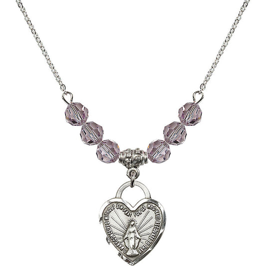 Sterling Silver Miraculous Heart Birthstone Necklace with Light Amethyst Beads - 3201