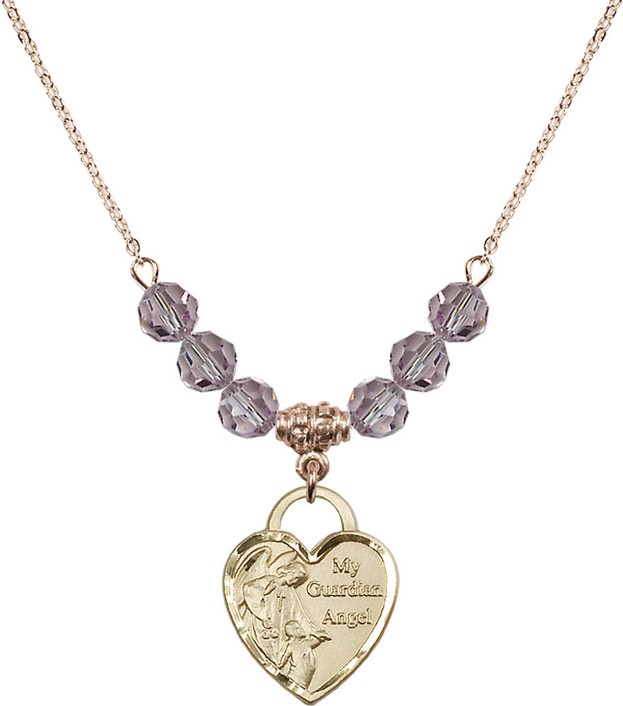 14kt Gold Filled Guardian Angel Heart Birthstone Necklace with Light Amethyst Beads - 3202