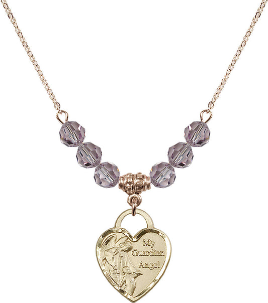 14kt Gold Filled Guardian Angel Heart Birthstone Necklace with Light Amethyst Beads - 3202