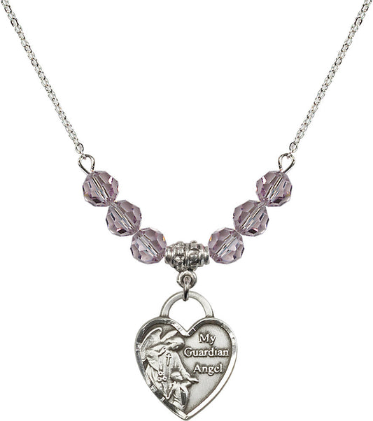 Sterling Silver Guardian Angel Heart Birthstone Necklace with Light Amethyst Beads - 3202