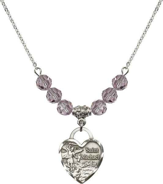 Sterling Silver Saint Michael the Archangel Birthstone Necklace with Light Amethyst Beads - 3203